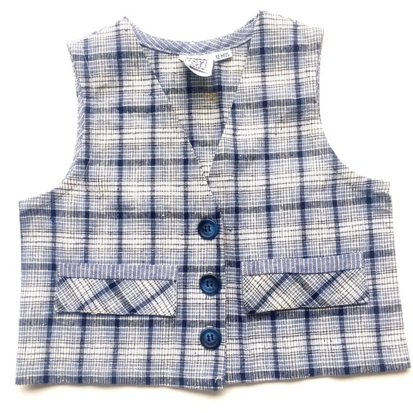 NEW Cozy Toes White Blue Plaid Linen Preppy V-Neck Button Vest Boys 12 Months - Picture 1 of 4